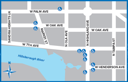 Map image with icons showing the above listed locations for on-street disabled parking in Armature Works.