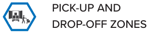 Hexagonal icon with bus, and text "Pick-Up and Drop-Off Zones."