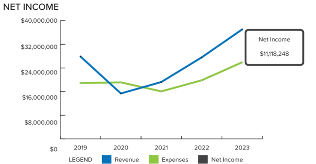 Net income line graph from 2019 to 2026, showing revenue and expenses trends.