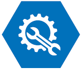 Blue hexagon with a white gear and wrench icon.
