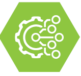 Green hexagon with gear and circuit design, symbolizing technology or engineering.