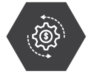 Gear with dollar sign and arrows inside a hexagon, indicating financial process.