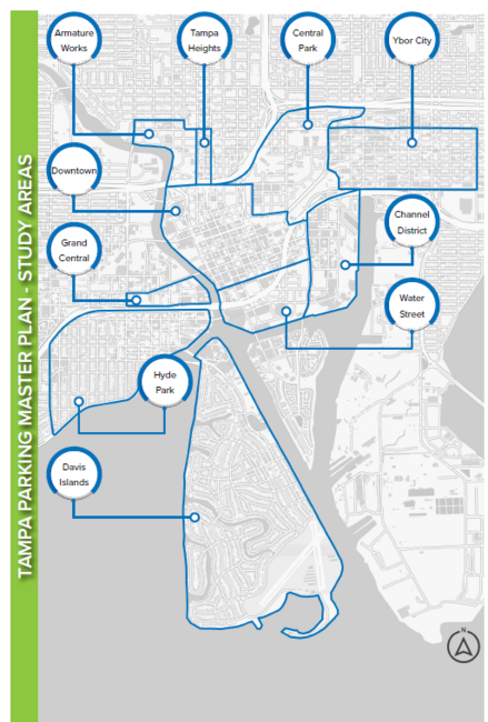 Tampa pARKING Master Plan map with labeled districts,