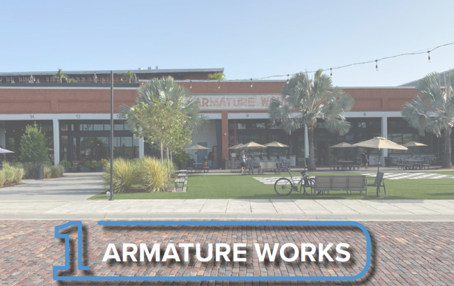 Armature Works building with outdoor seating.