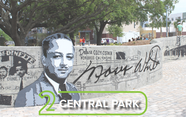 Mural in Central Park with a historic figure's portrait and signature, labeled "2 Central Park".