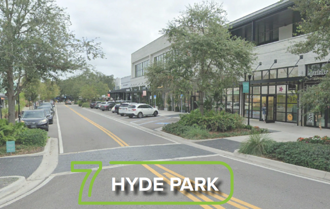 Hyde Park shopping area with street, parked cars, and trees.