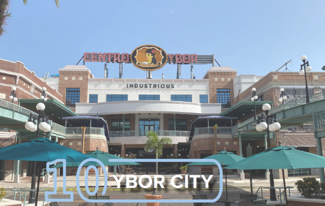 "Central Ybor storefront with teal umbrellas, labeled '10 Ybor City.'"