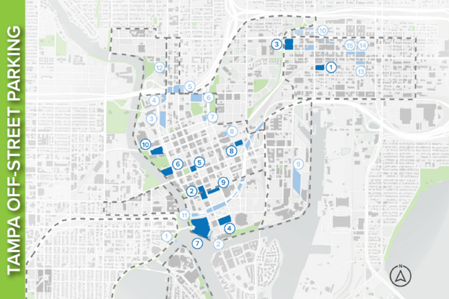 Map showing Tampa off-street parking locations, marked in blue.