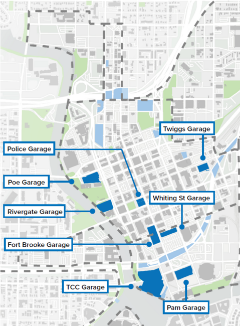 Map showing parking garages in a city with labels for locations.