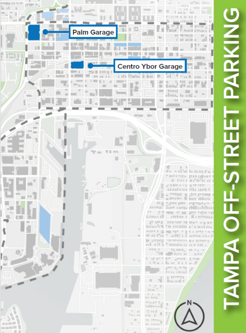 Map of Tampa off-street parking featuring Palm and Centro Ybor Garages.