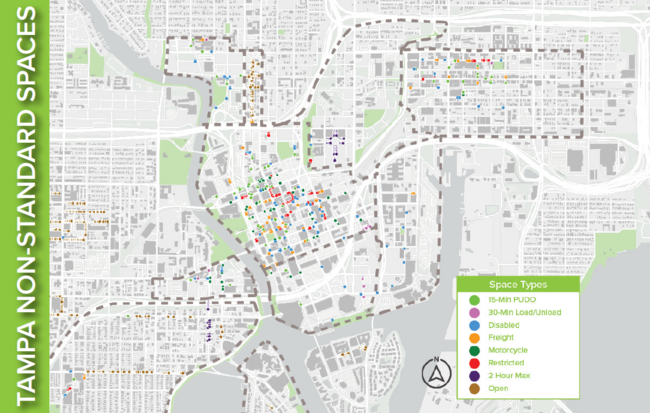 Tampa map showing non-standard spaces with various color-coded points and a legend on the side.