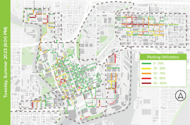 Parking utilization map with color-coded indicators for summer 2023, roads marked from 0% to 100% full.