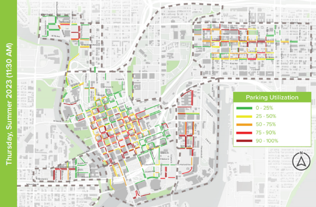 Map showing parking utilization at 11:50 AM with color-coded streets for different occupancy levels.