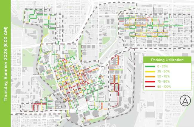Parking utilization map with color-coded zones for Thursday, Summer 2023 at 9:00 AM.