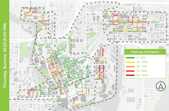 Map showing parking utilization with color-coded percentages.