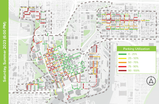 Parking utilization map showing varying levels of occupancy in a city area.