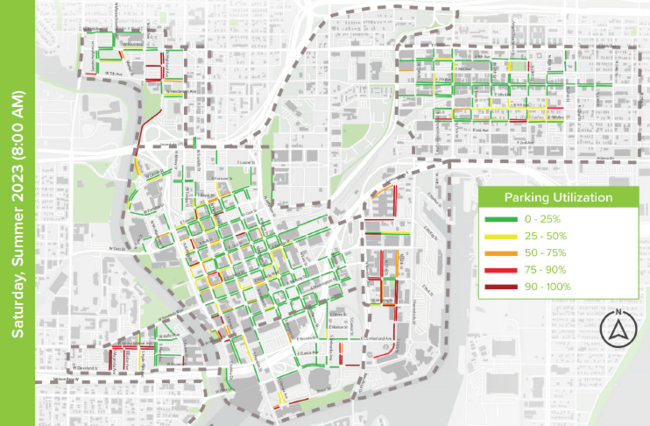 Parking utilization map with color-coded levels, dated Summer 2023.