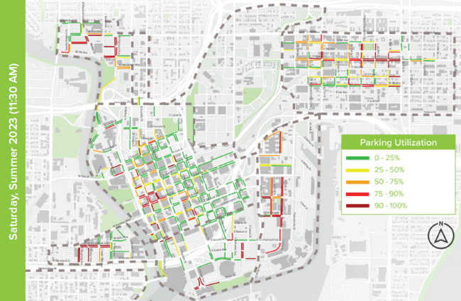 Map of parking utilization, Summer 2023, uses color coding for different occupancy levels.