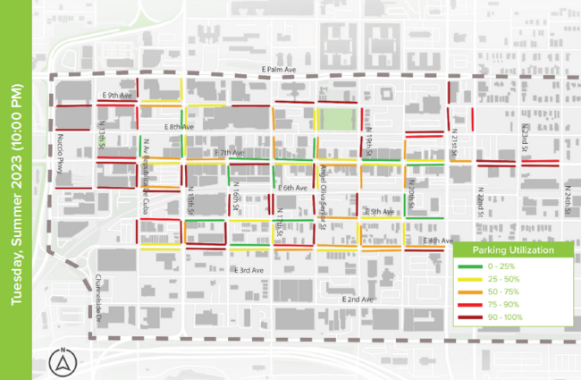 Parking utilization map with color-coded streets, dated Tuesday, Summer 2023, 3 PM.