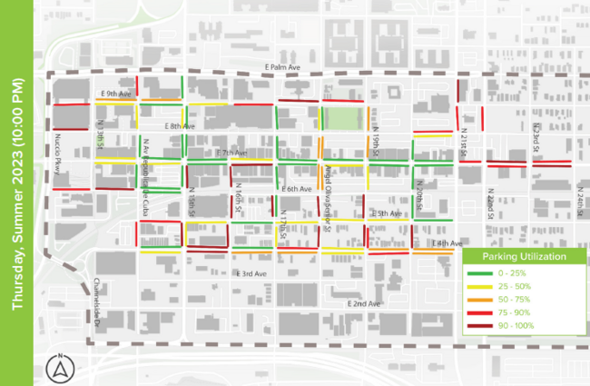 Parking utilization map for Ybor City at 10:00 PM, with color-coded availability.