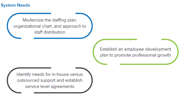 System Needs: Modernize staffing plan, employee development, in-house vs. outsourced needs.