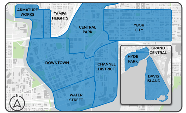 Example Implementation Areas Map highlighting Tampa neighborhoods with focus on areas like Downtown and Hyde Park.