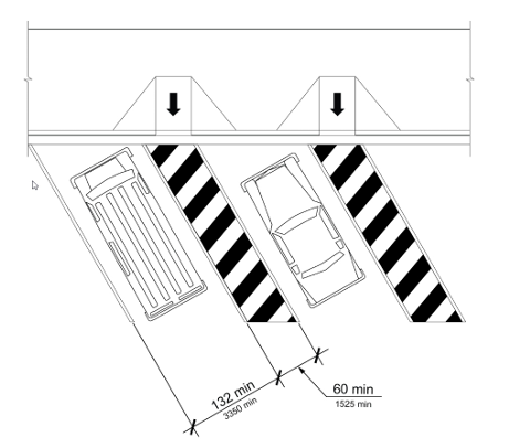Parking layout diagram with vehicle in angled spaces,