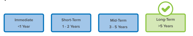 Implementation timeline with "Long-Term More Than 5 Years" selected