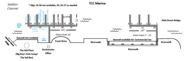 TCC Marina layout map for the year 2026, showing docks and services.