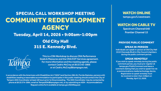Special Call Workshop Meeting for Community Redevelopment Agency, April 14, 2026, details listed.