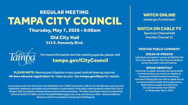Tampa City Council meeting notice for May 7, 2020, with details on attendance and viewing options.