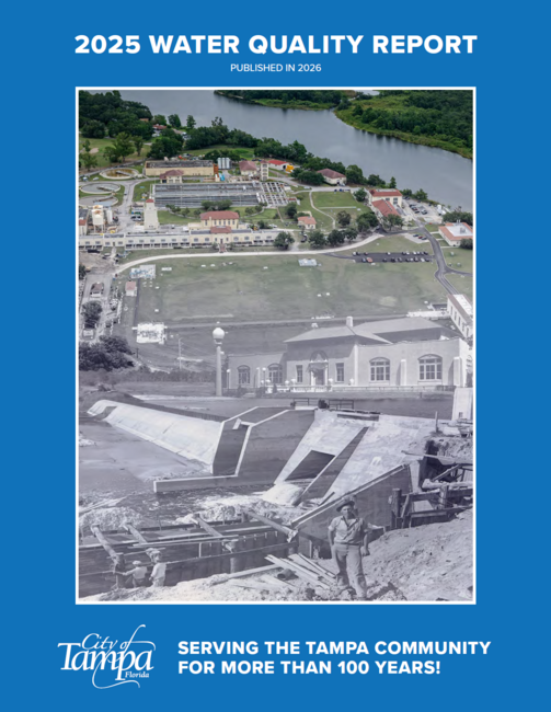 2025 Water Quality Report cover with aerial view of a river and Tampa logo.