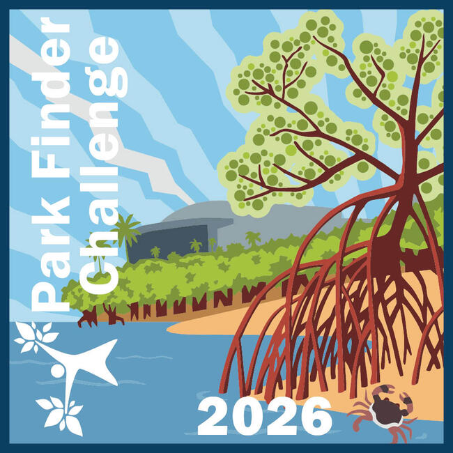 2026 Park Finder Challenge patch with a tree, crab, and landscape graphic.