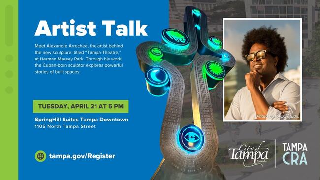 Artist Talk event poster featuring a sculpture and a person, scheduled for April 24.