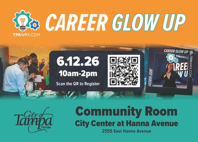 Career Glow Up postcard; event info for June 12, 2026, 10am-2pm; City Center at Hanna Avenue.