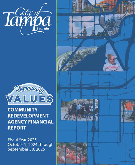 Community Redevelopment Agency financial report cover, Tampa 2025. Blue-themed design.