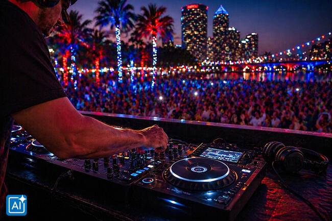 DJ performing at night festival with vibrant cityscape and crowd.