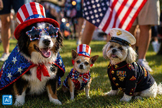 Dogs dressed in patriotic costumes with American flag motifs.
