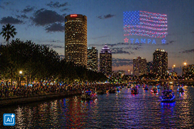 Drone display shows American flag and "Tampa" over city skyline at night.