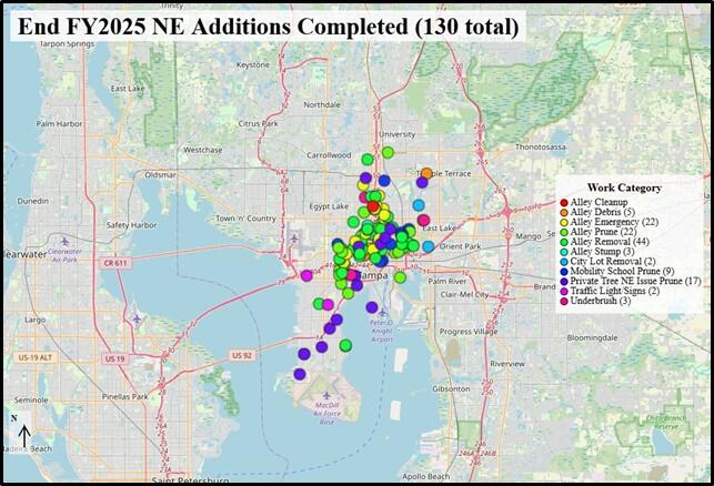 FY 2025 map showing completed neighborhood enhancements with various colored markers.
