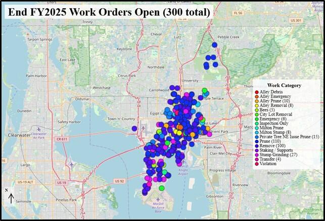 Map showing open work orders for FY 2025 with color-coded categories in a specific region.
