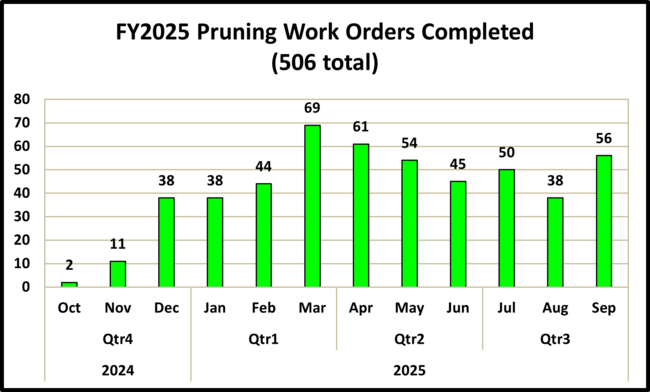 FY2025 bar chart of pruning work orders completed, totaling 506, with monthly data.