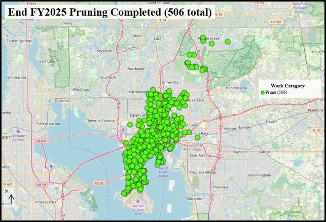 FY2025 pruning work orders map, green dots show completed tasks.