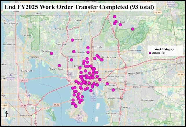 Map showing FY2025 transferred work orders, highlighting 93 locations with purple markers.
