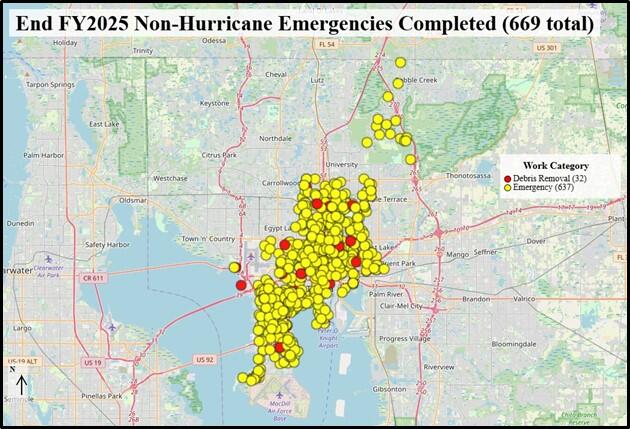 Map showing locations of 669 completed non-hurricane emergencies by end of FY2025.