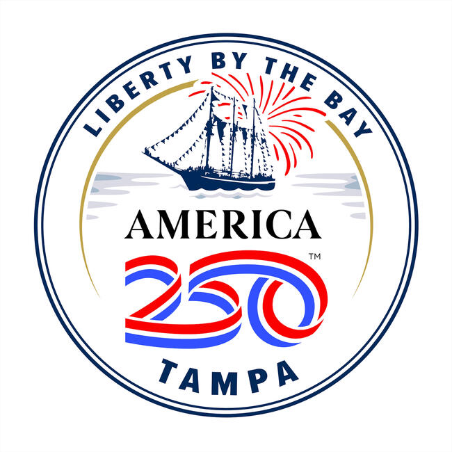 Liberty by the Bay logo featuring a ship and fireworks, text "America 250 Tampa".