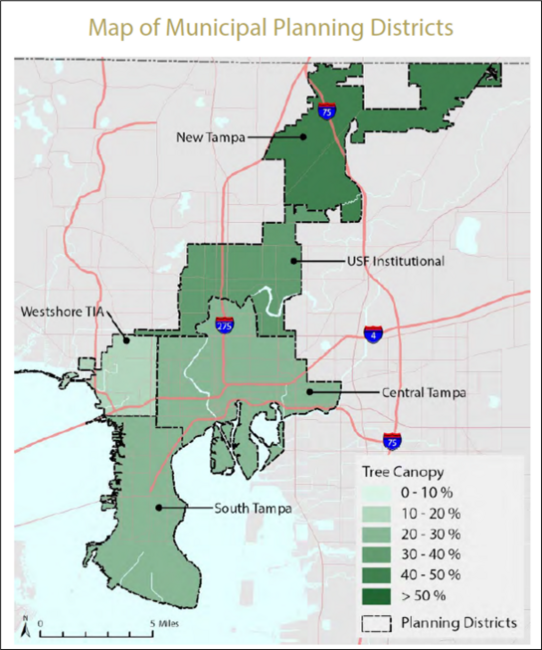Map showing municipal planning districts with varying tree canopy percentages.