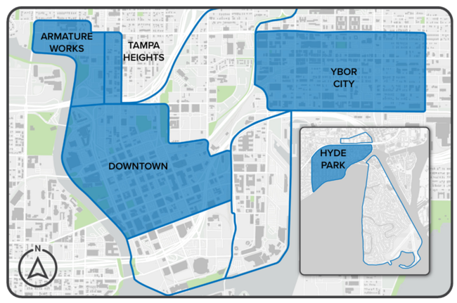 The Action Items detailed in this section should be implemented in Armature Works, Downtown, Hyde Park, Tampa Heights, and Ybor City.