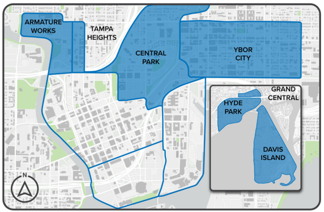 The Action Items detailed in this section should be implemented in Armature Works, Central Park, Davis Island, Grand Central, Hyde Park, Tampa Heights, and Ybor City.