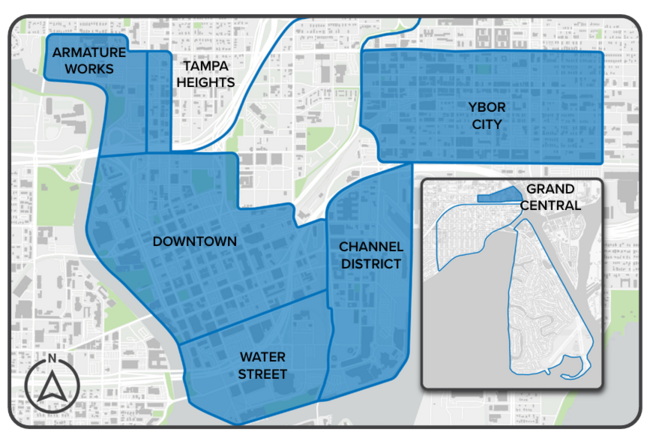The Action Items detailed in this section should be implemented in Armature Works, Channel District, Downtown, Grand Central, Tampa Heights, Water Street, and Ybor City.